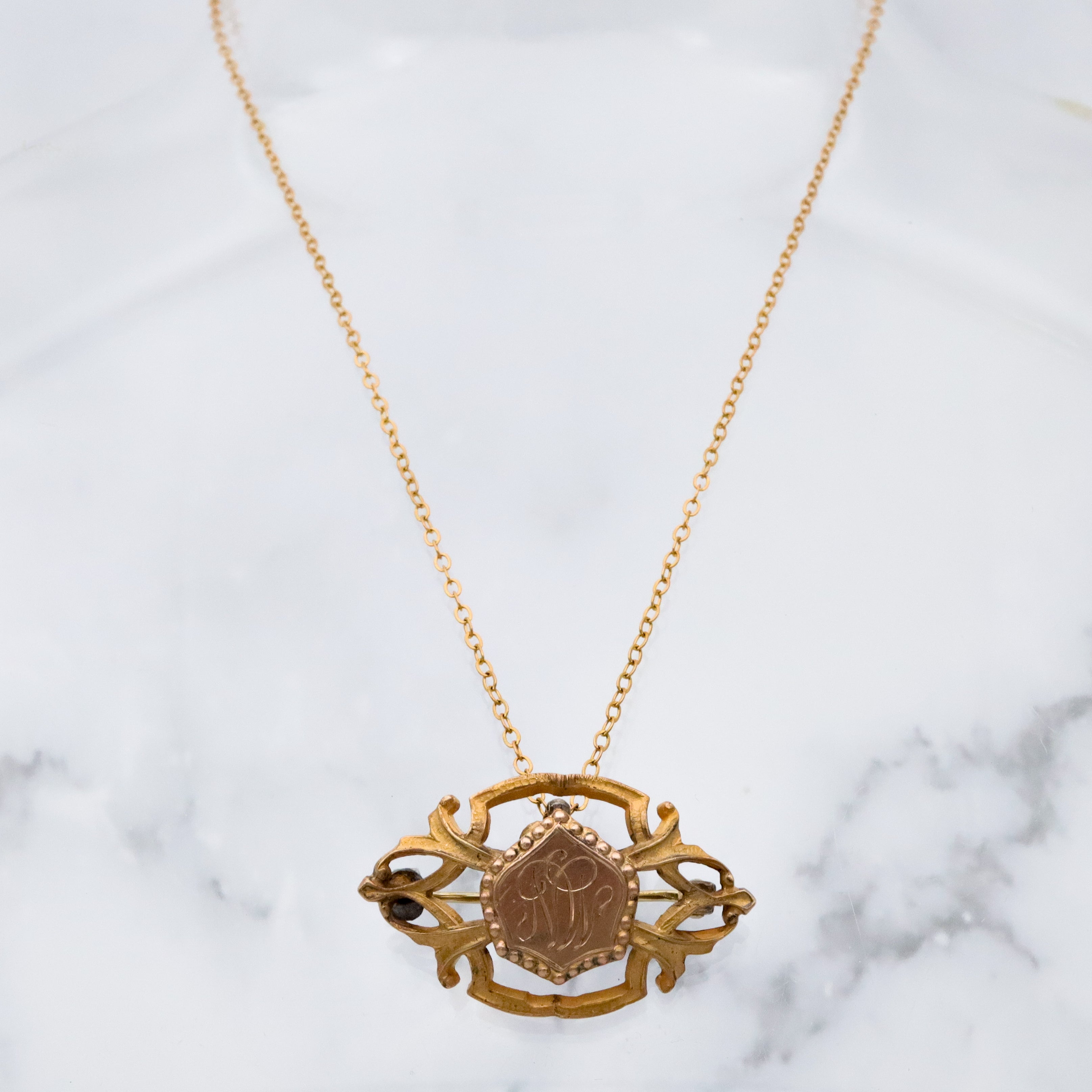 Antique Art Deco gilt metal & gold filled watch clip brooch with "MN" mono shield